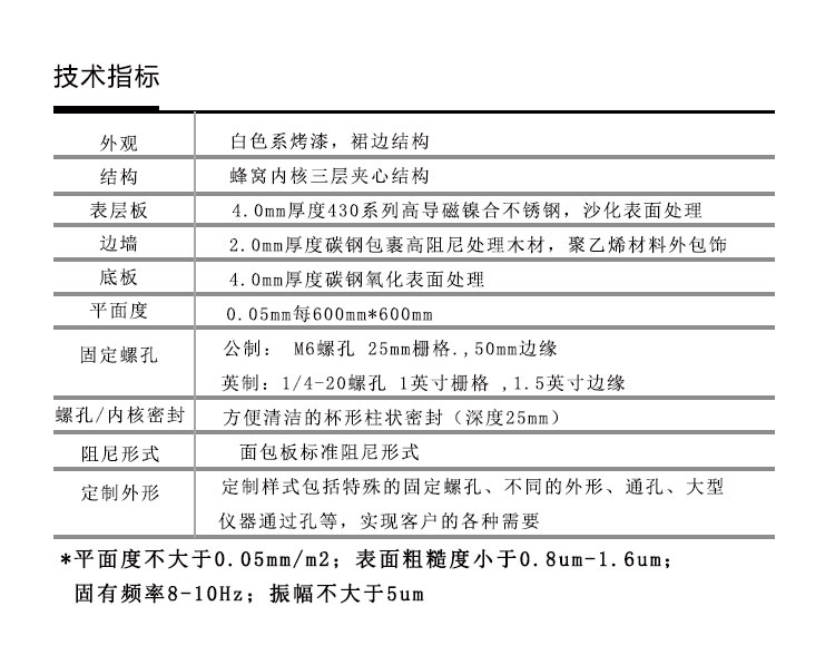 衡工HGPT-H型光學平臺產(chǎn)品參數(shù)